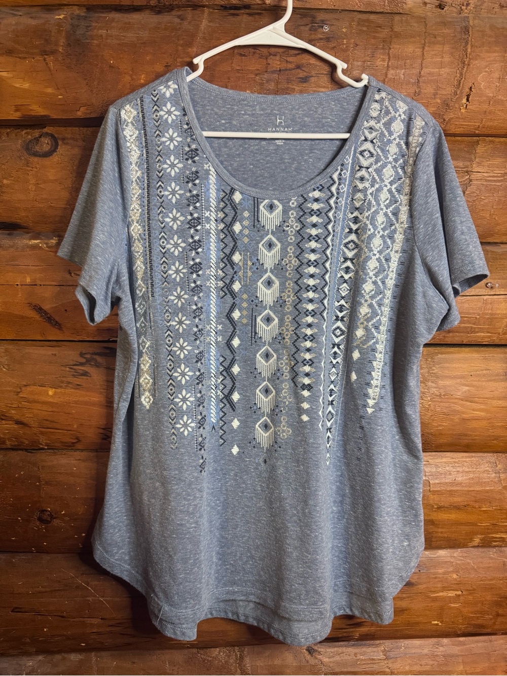 Hannah Heathered Blue Short Sleeve Tee with Embroidered Front